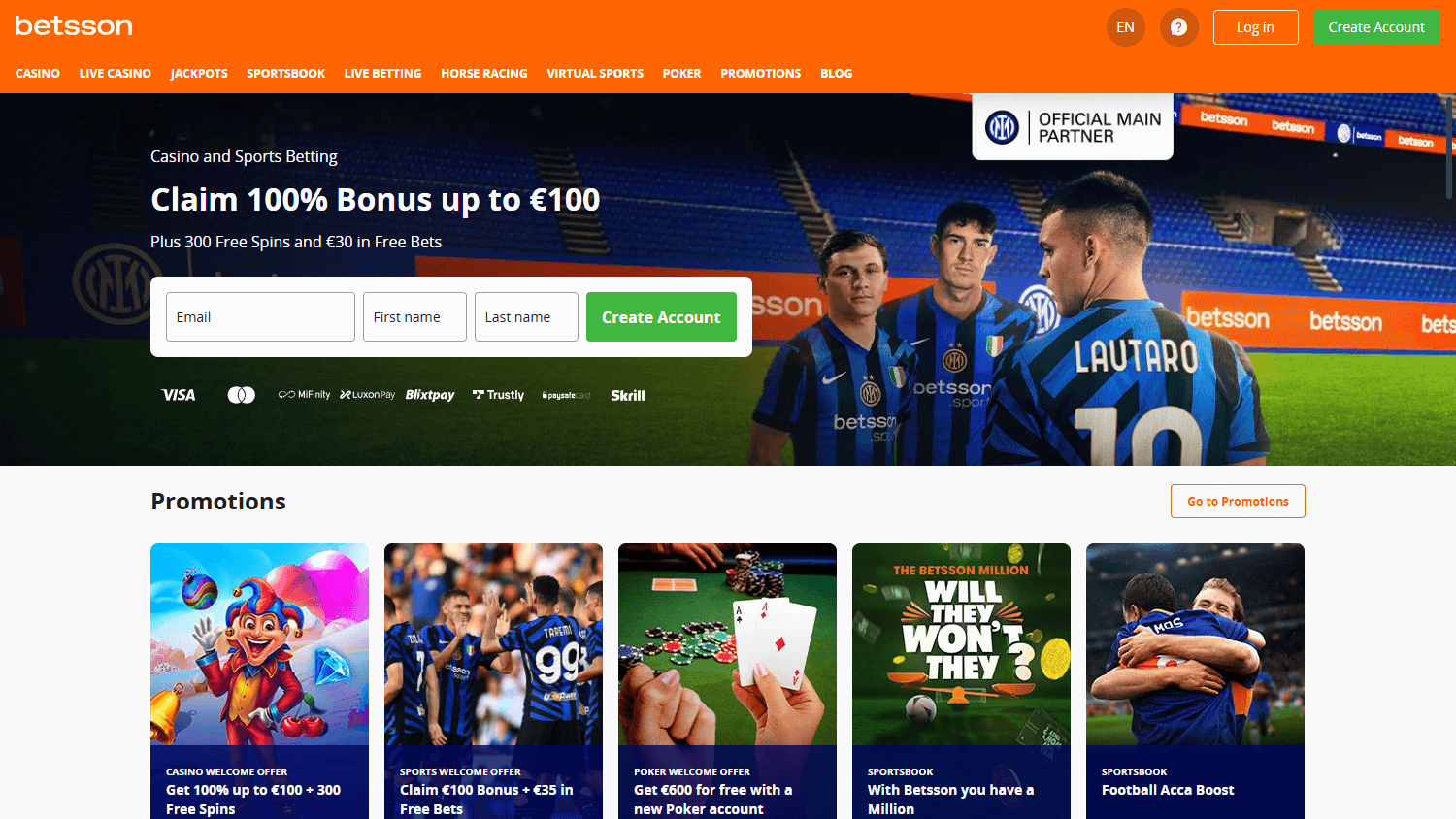 Betsson anasayfa görünümü ekran görüntüsü