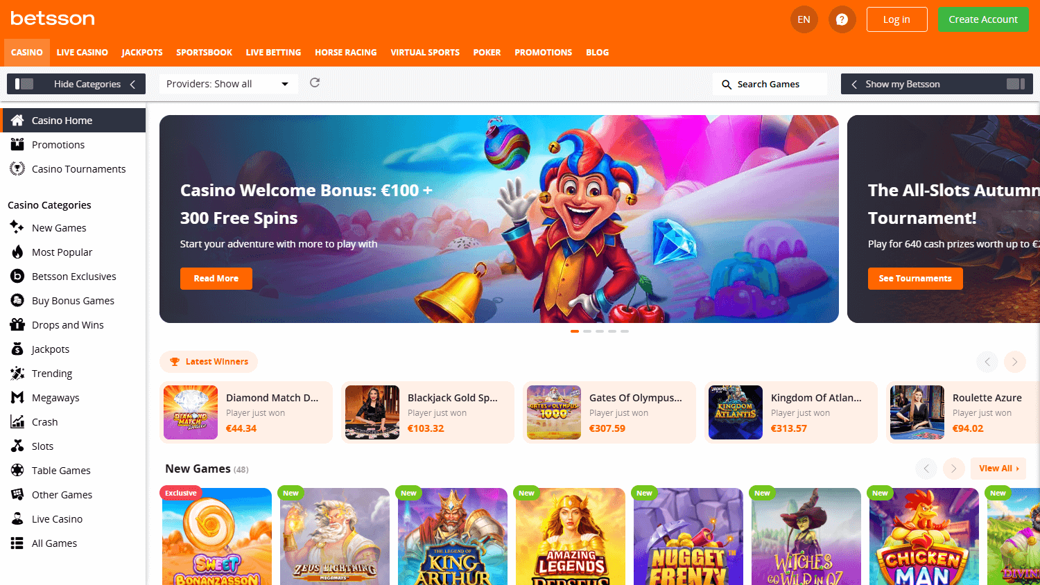 Betsson oyun galerisi ekran görüntüsü